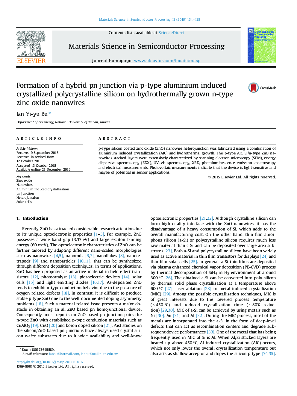 Formation of a hybrid pn junction via p-type aluminium induced crystallized polycrystalline silicon on hydrothermally grown n-type zinc oxide nanowires