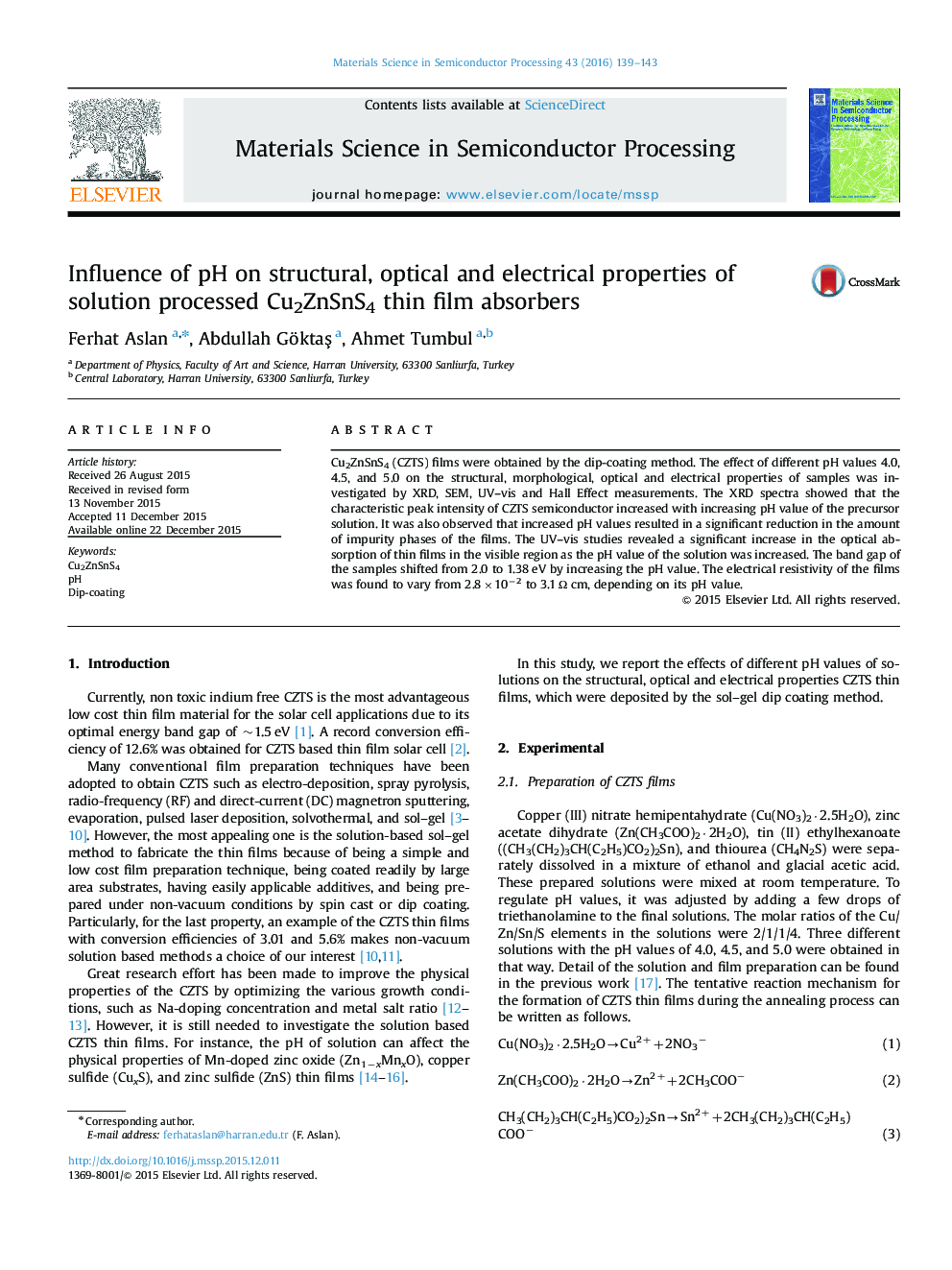 Influence of pH on structural, optical and electrical properties of solution processed Cu2ZnSnS4 thin film absorbers