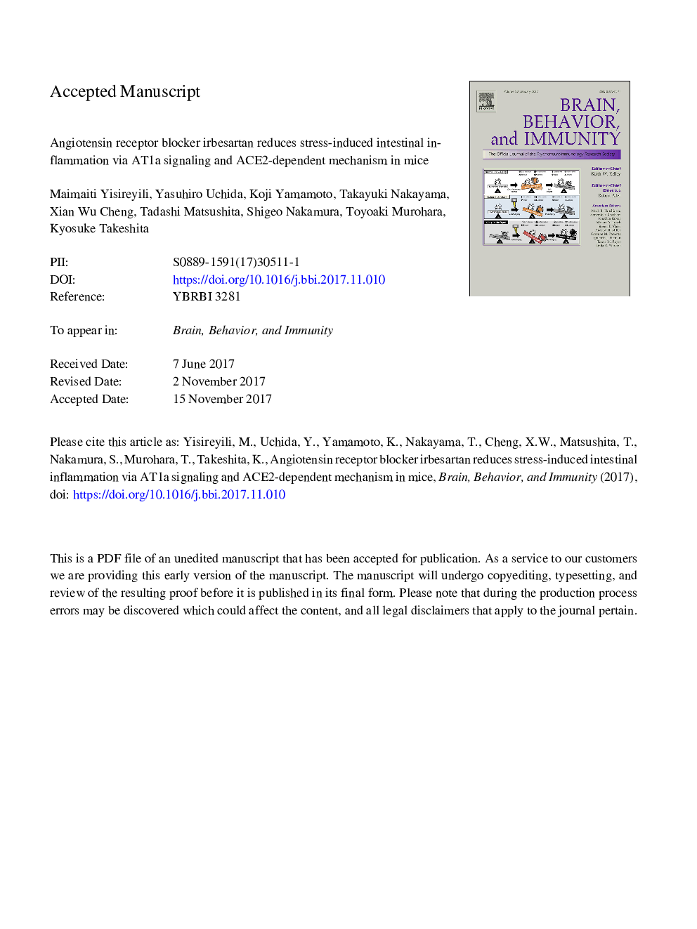 Angiotensin receptor blocker irbesartan reduces stress-induced intestinal inflammation via AT1a signaling and ACE2-dependent mechanism in mice