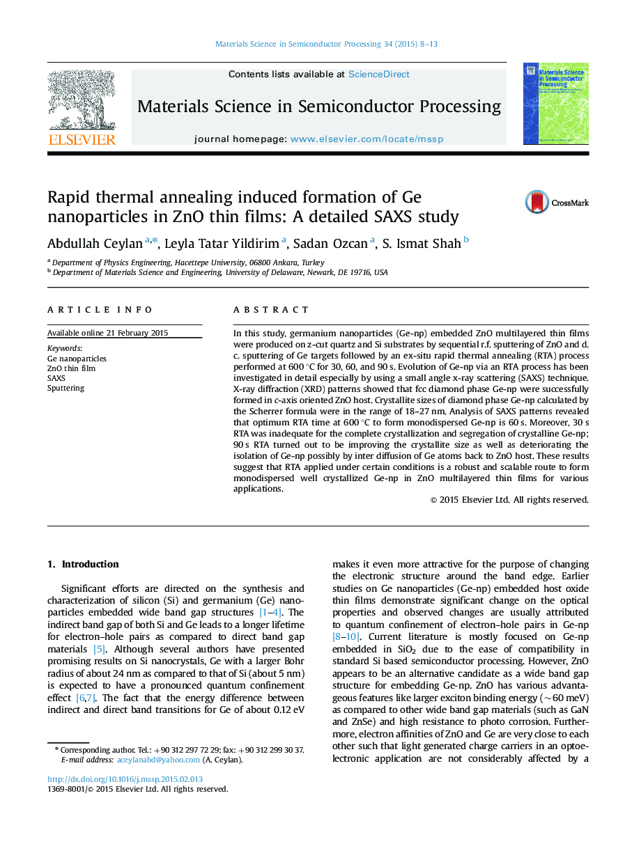 Rapid thermal annealing induced formation of Ge nanoparticles in ZnO thin films: A detailed SAXS study