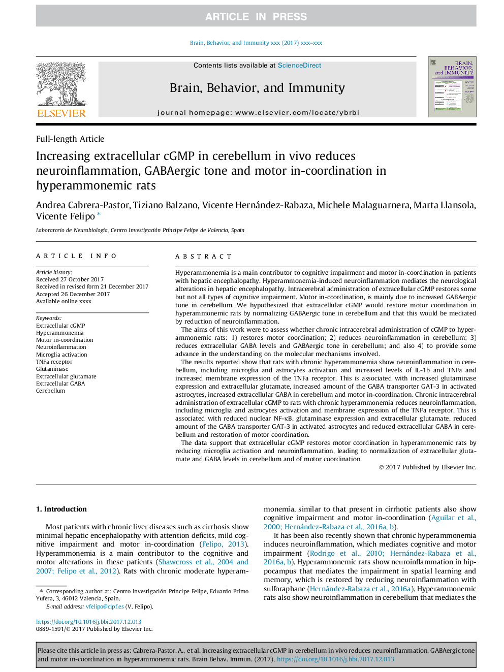 Increasing extracellular cGMP in cerebellum in vivo reduces neuroinflammation, GABAergic tone and motor in-coordination in hyperammonemic rats