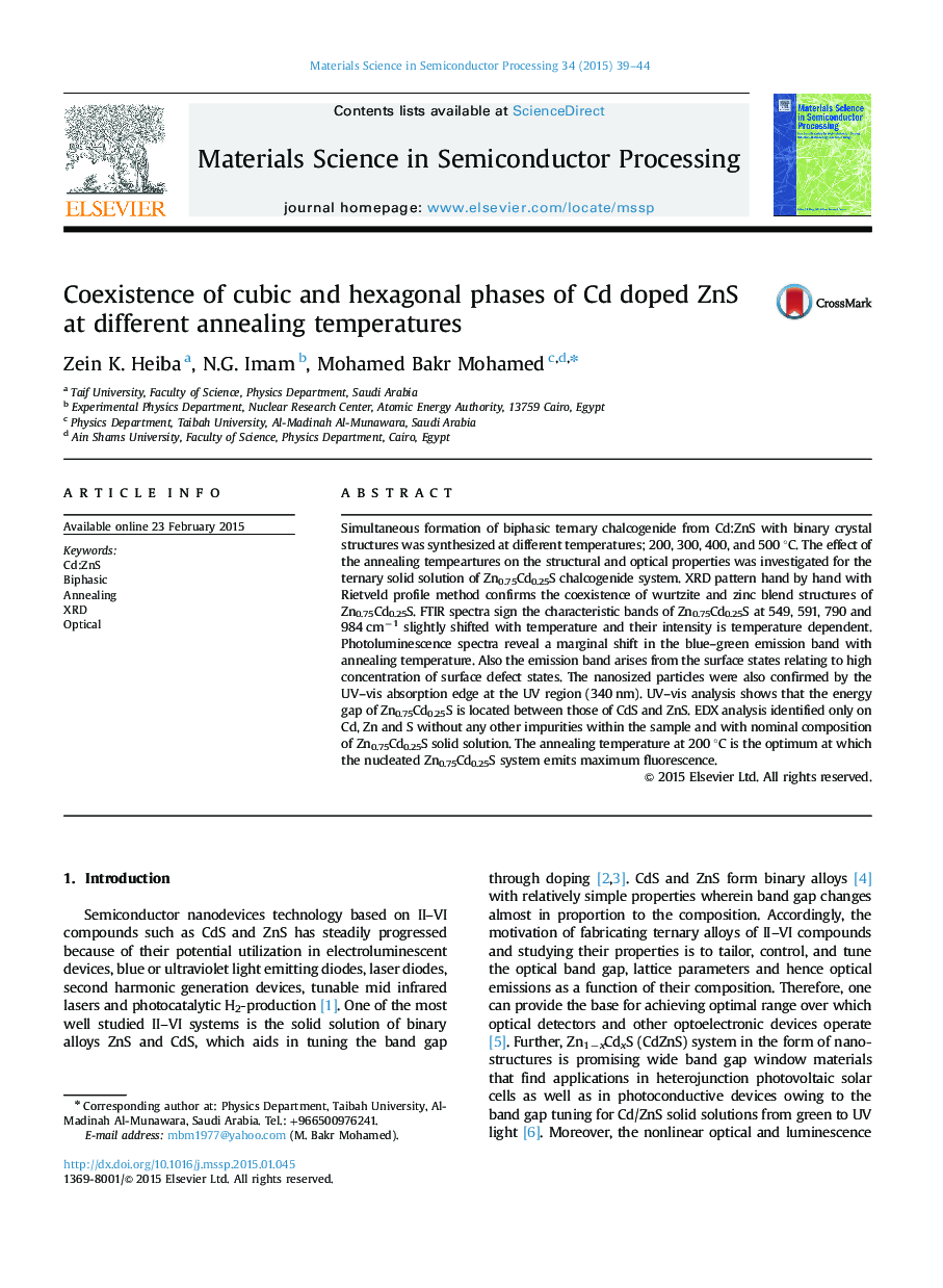 Coexistence of cubic and hexagonal phases of Cd doped ZnS at different annealing temperatures