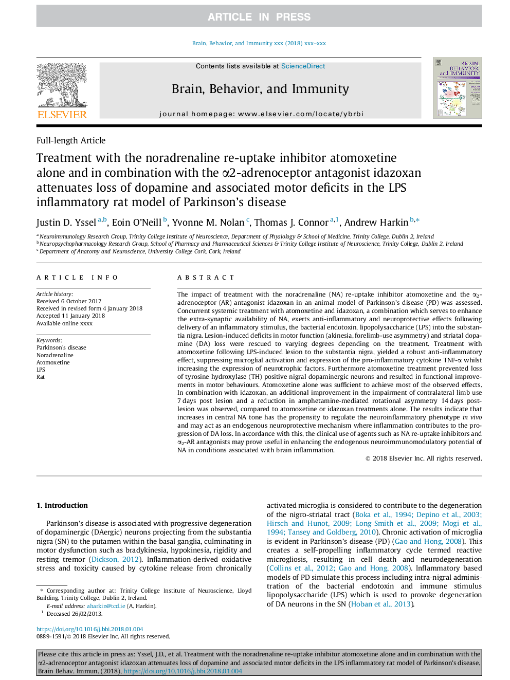 Treatment with the noradrenaline re-uptake inhibitor atomoxetine alone and in combination with the Î±2-adrenoceptor antagonist idazoxan attenuates loss of dopamine and associated motor deficits in the LPS inflammatory rat model of Parkinson's disease