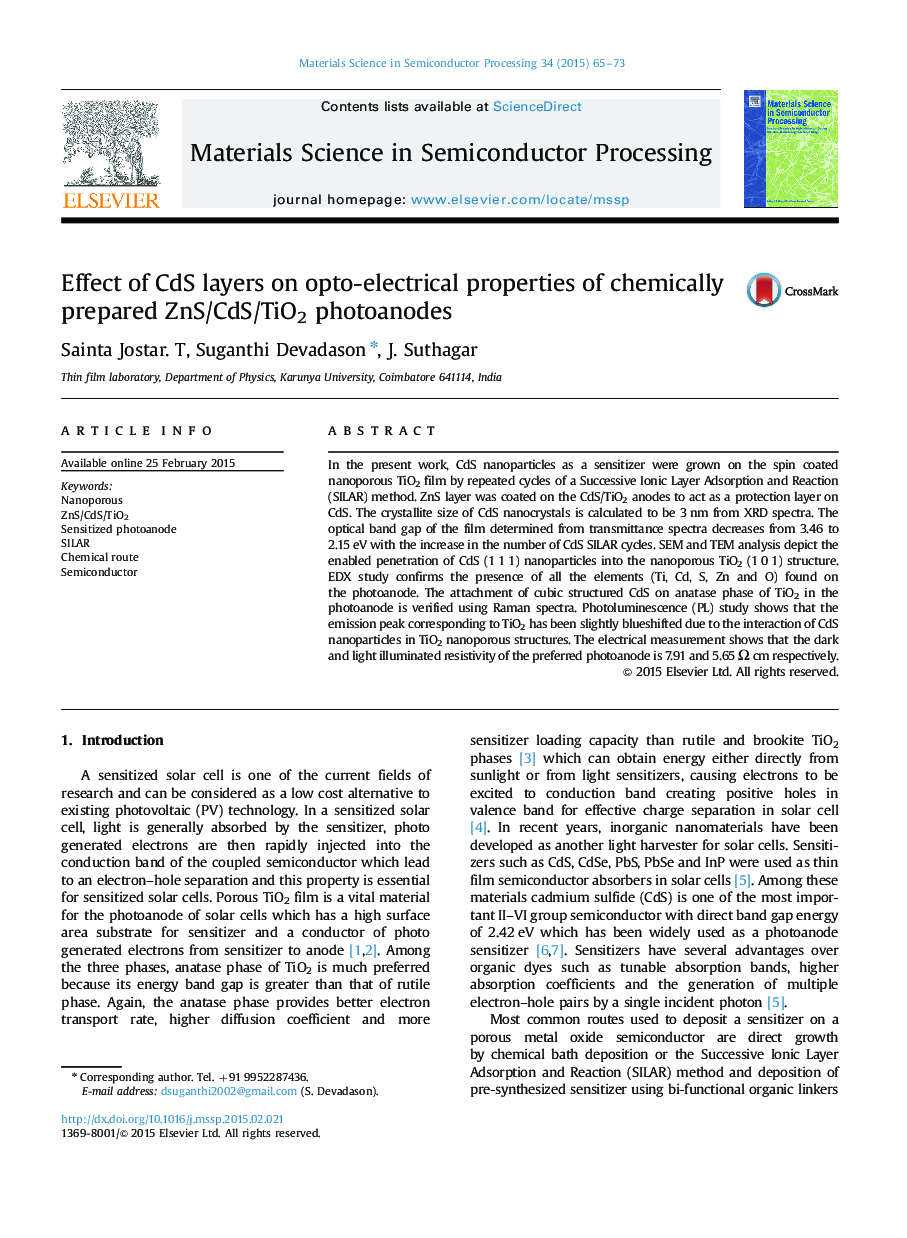 Effect of CdS layers on opto-electrical properties of chemically prepared ZnS/CdS/TiO2 photoanodes