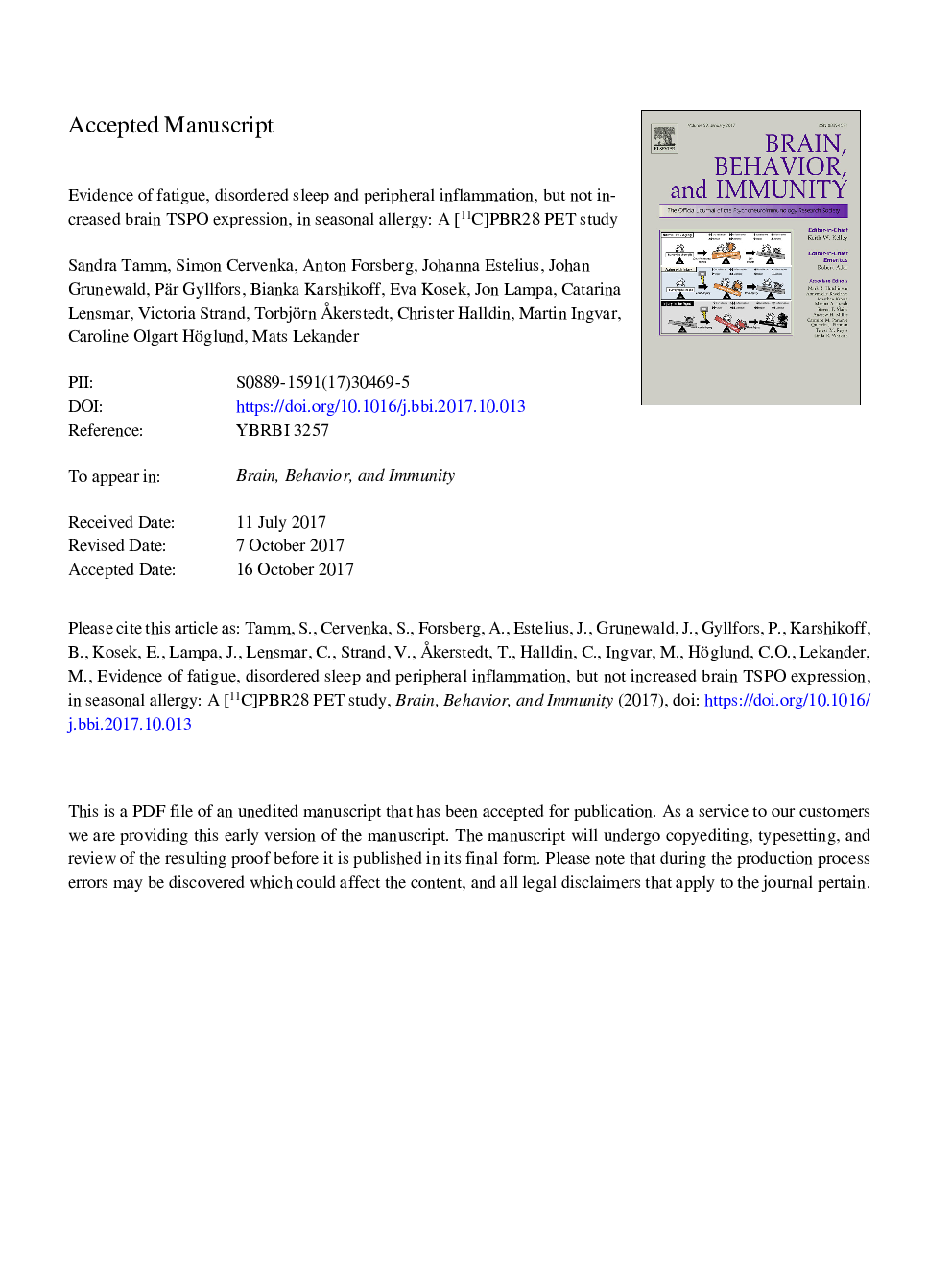 Evidence of fatigue, disordered sleep and peripheral inflammation, but not increased brain TSPO expression, in seasonal allergy: A [11C]PBR28 PET study