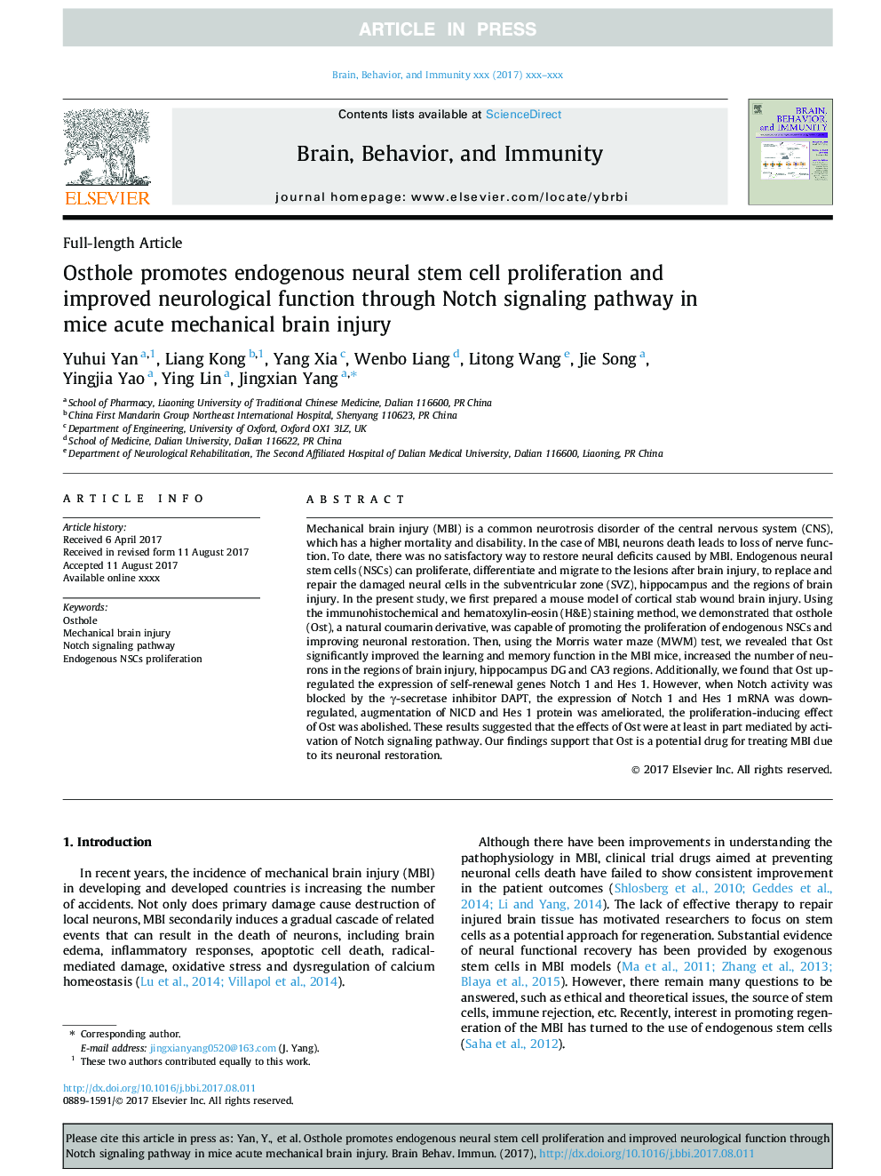 Osthole promotes endogenous neural stem cell proliferation and improved neurological function through Notch signaling pathway in mice acute mechanical brain injury