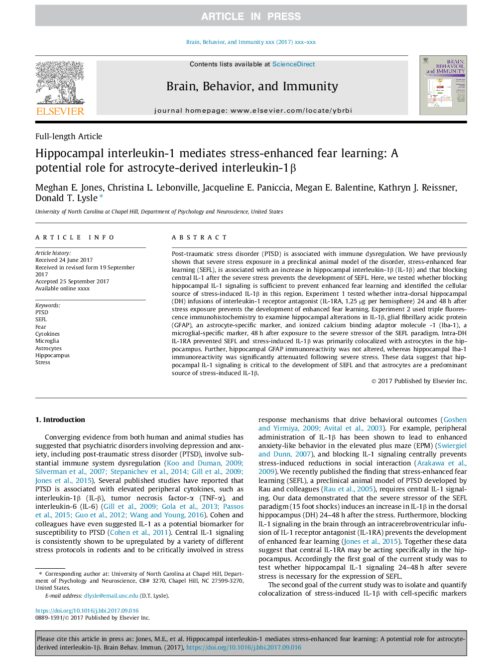 عکس صفحه اول مقاله: Hippocampal interleukin-1 mediates stress-enhanced fear learning: A potential role for astrocyte-derived interleukin-1β Hippocampal interleukin-1 mediates stress-enhanced fear learning: A potential role for astrocyte-derived interleukin-1β