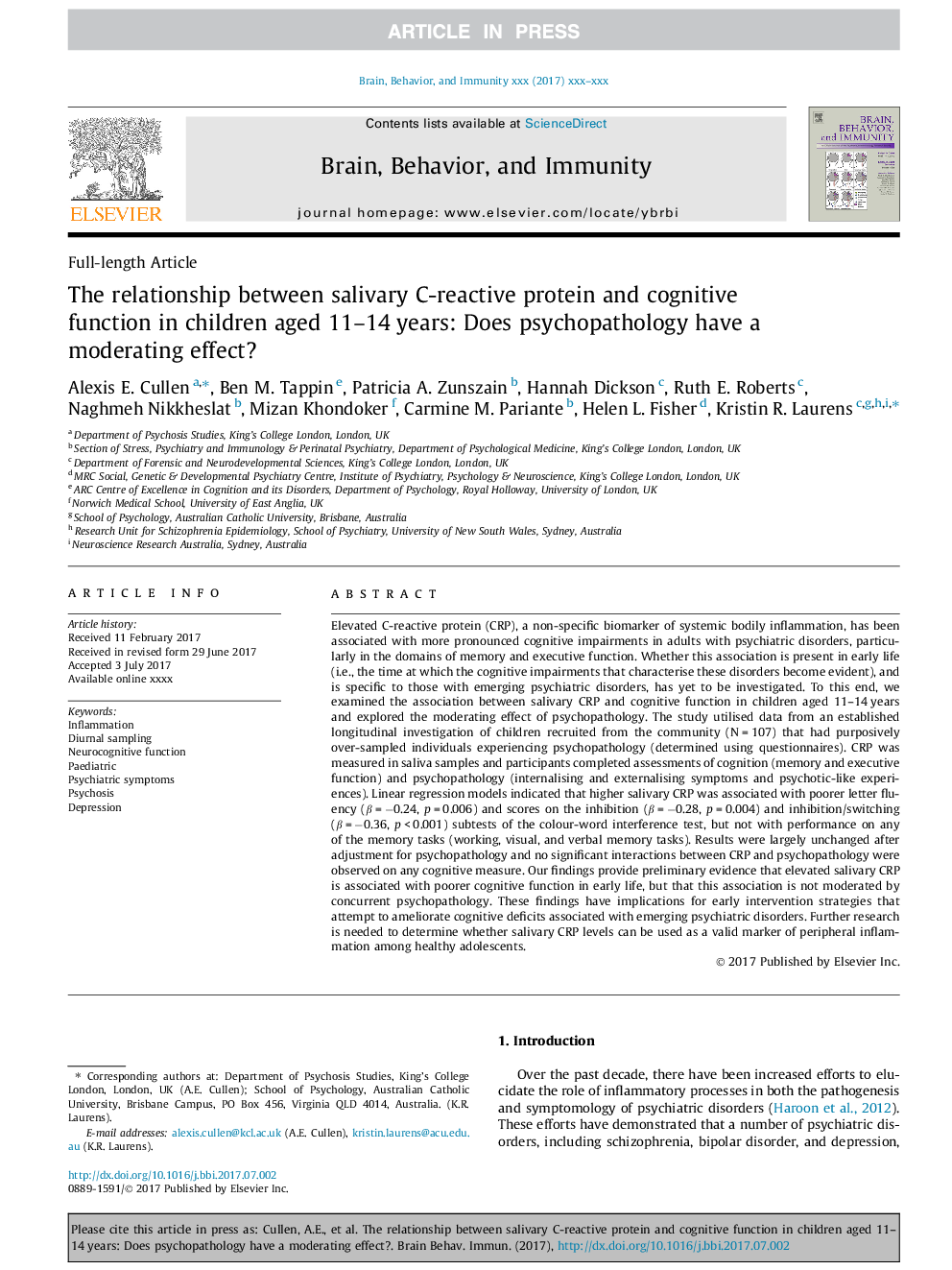 The relationship between salivary C-reactive protein and cognitive function in children aged 11-14Â years: Does psychopathology have a moderating effect?