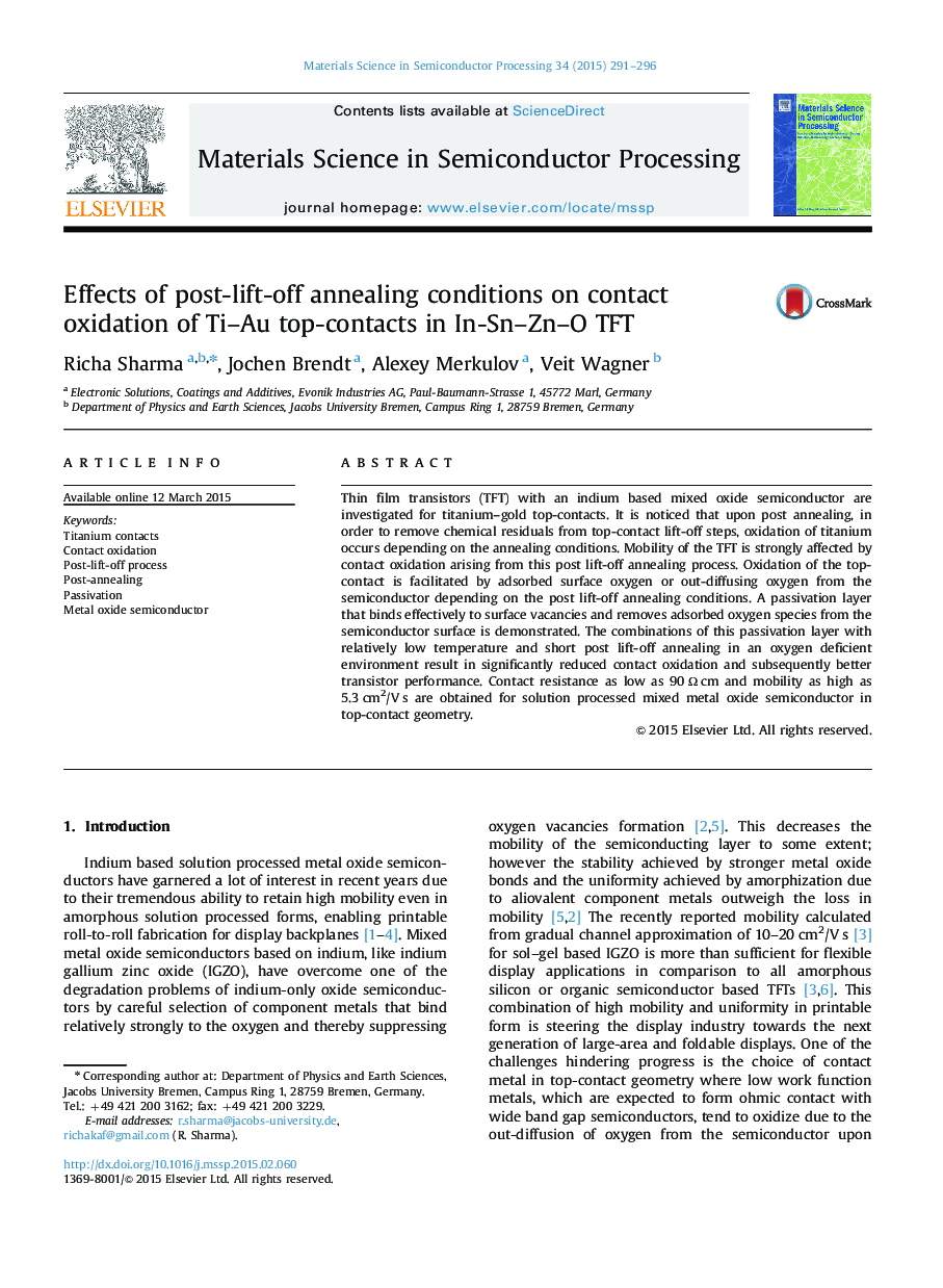 Effects of post-lift-off annealing conditions on contact oxidation of Ti–Au top-contacts in In-Sn–Zn–O TFT