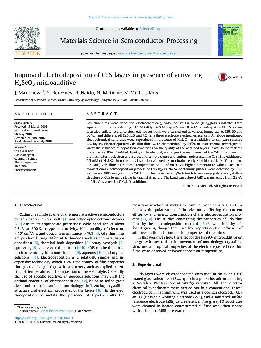 Improved electrodeposition of CdS layers in presence of activating H2SeO3 microadditive