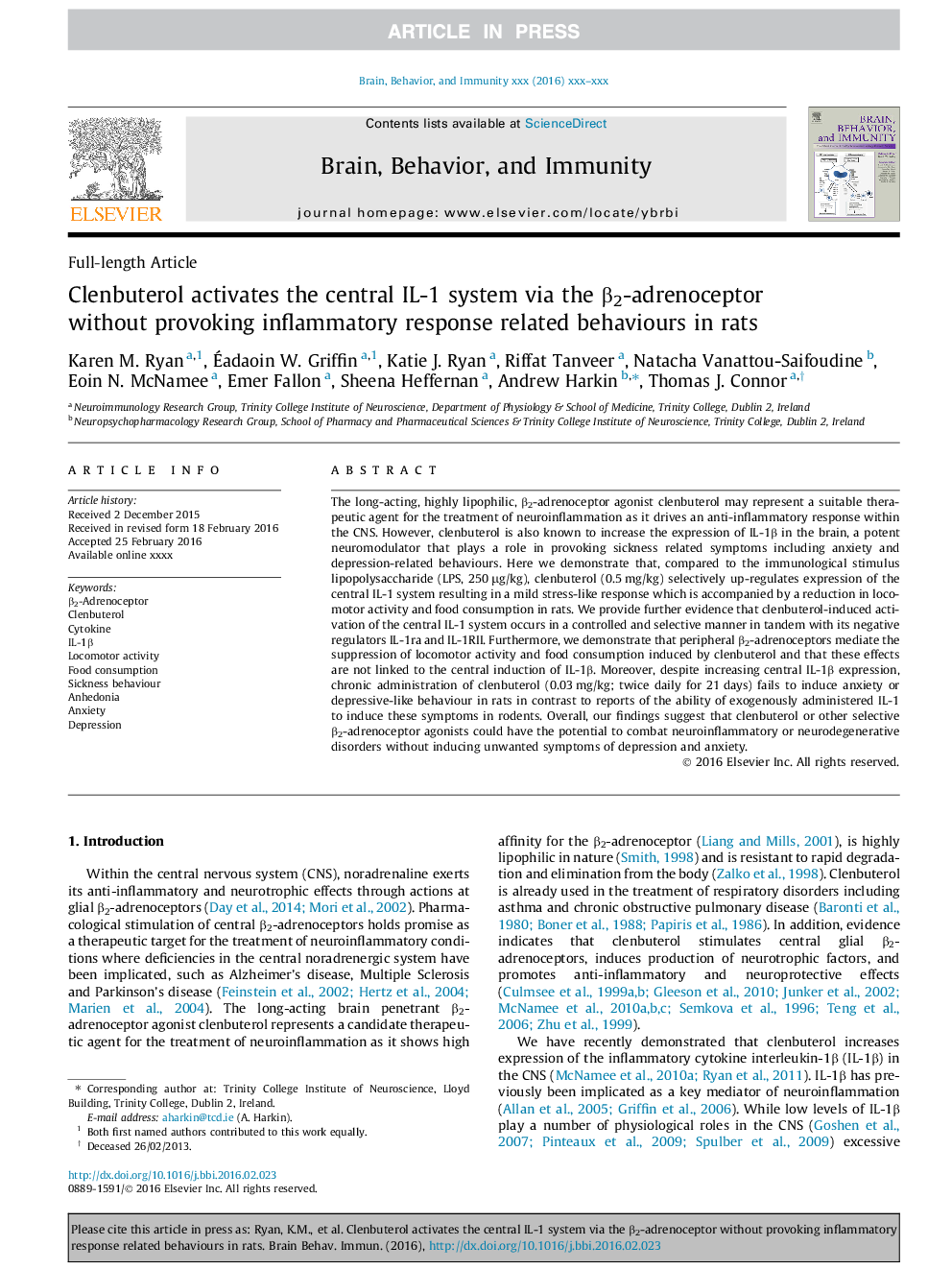 Clenbuterol activates the central IL-1 system via the Î²2-adrenoceptor without provoking inflammatory response related behaviours in rats