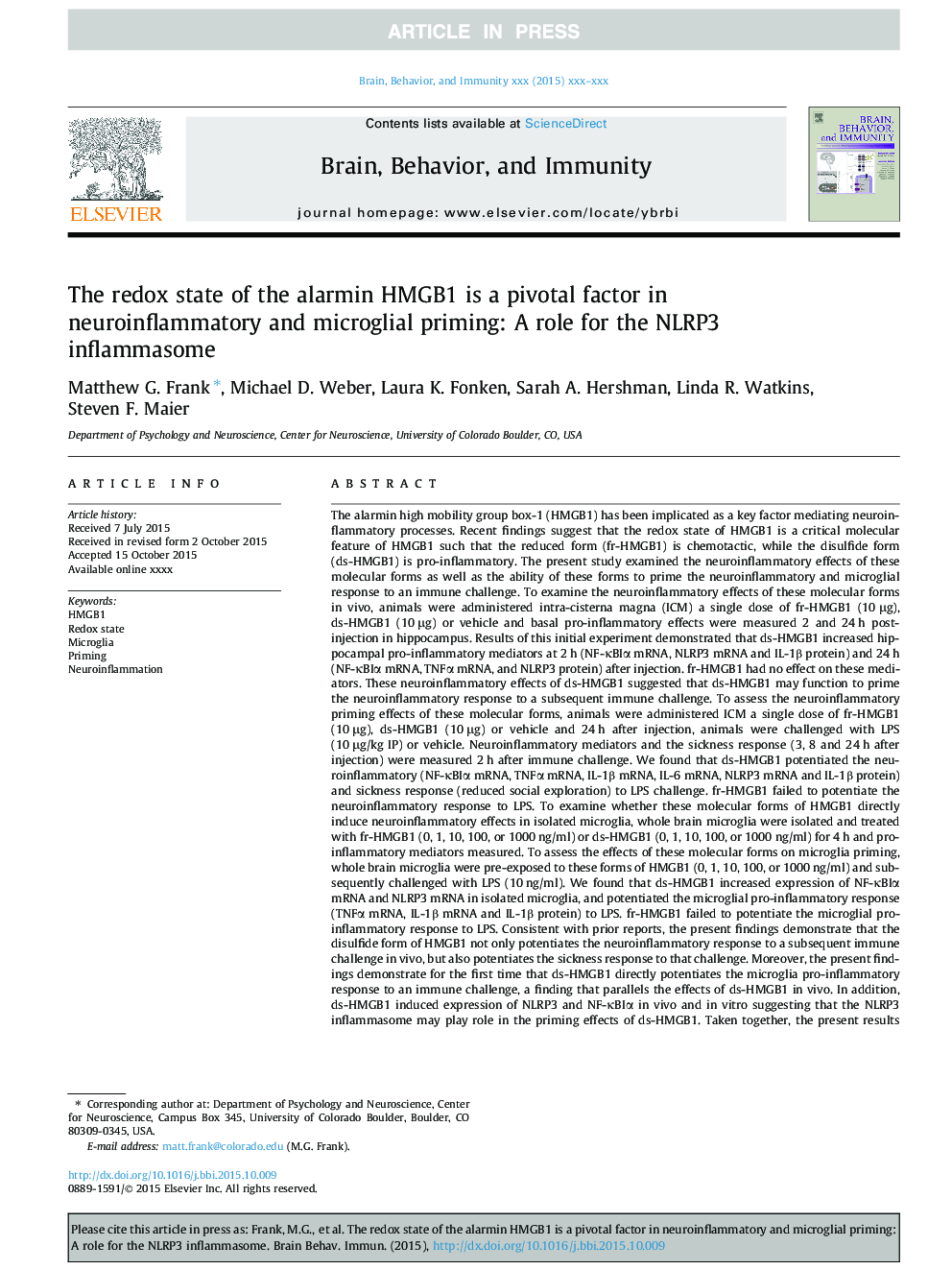 The redox state of the alarmin HMGB1 is a pivotal factor in neuroinflammatory and microglial priming: A role for the NLRP3 inflammasome