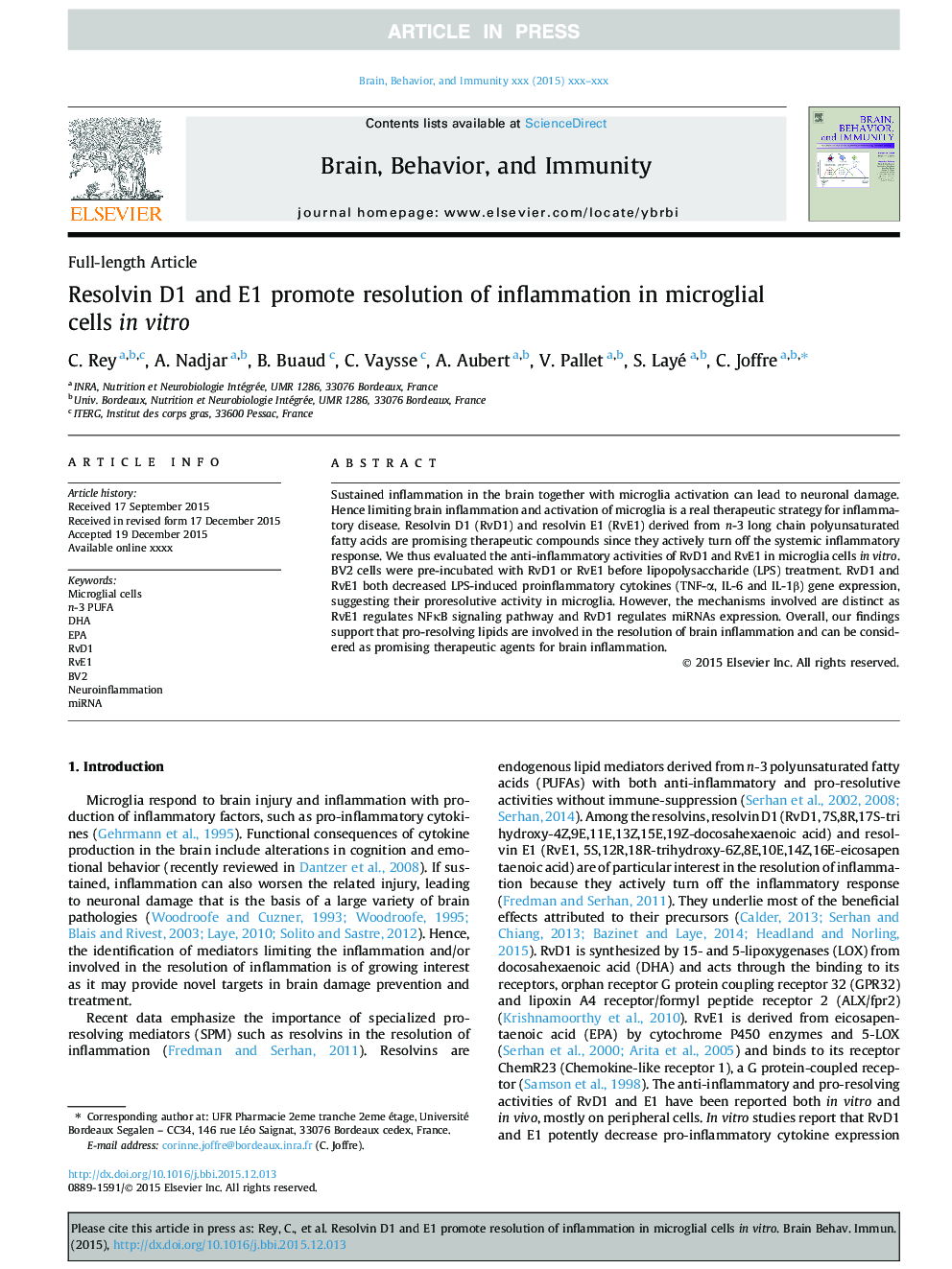 Resolvin D1 and E1 promote resolution of inflammation in microglial cells in vitro