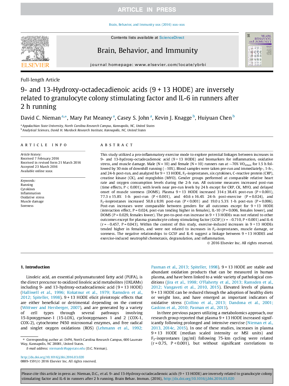 9- and 13-Hydroxy-octadecadienoic acids (9Â +Â 13 HODE) are inversely related to granulocyte colony stimulating factor and IL-6 in runners after 2Â h running