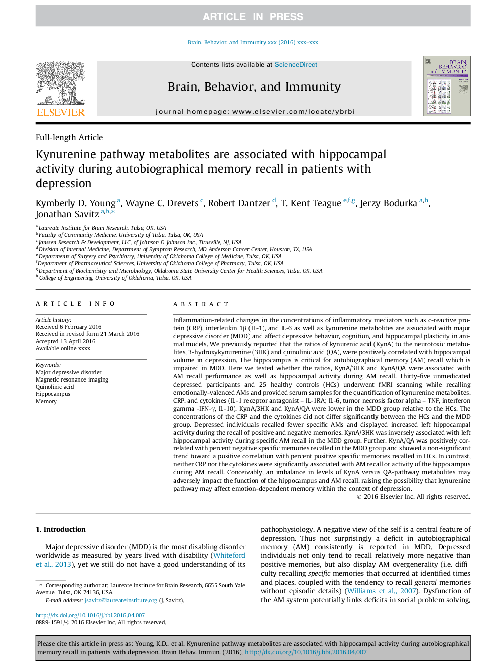 Kynurenine pathway metabolites are associated with hippocampal activity during autobiographical memory recall in patients with depression