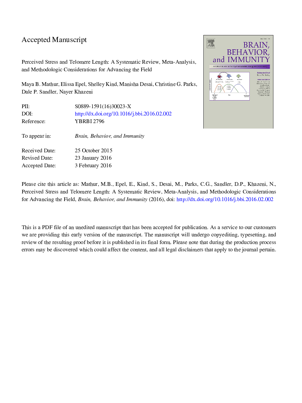 Perceived stress and telomere length: A systematic review, meta-analysis, and methodologic considerations for advancing the field