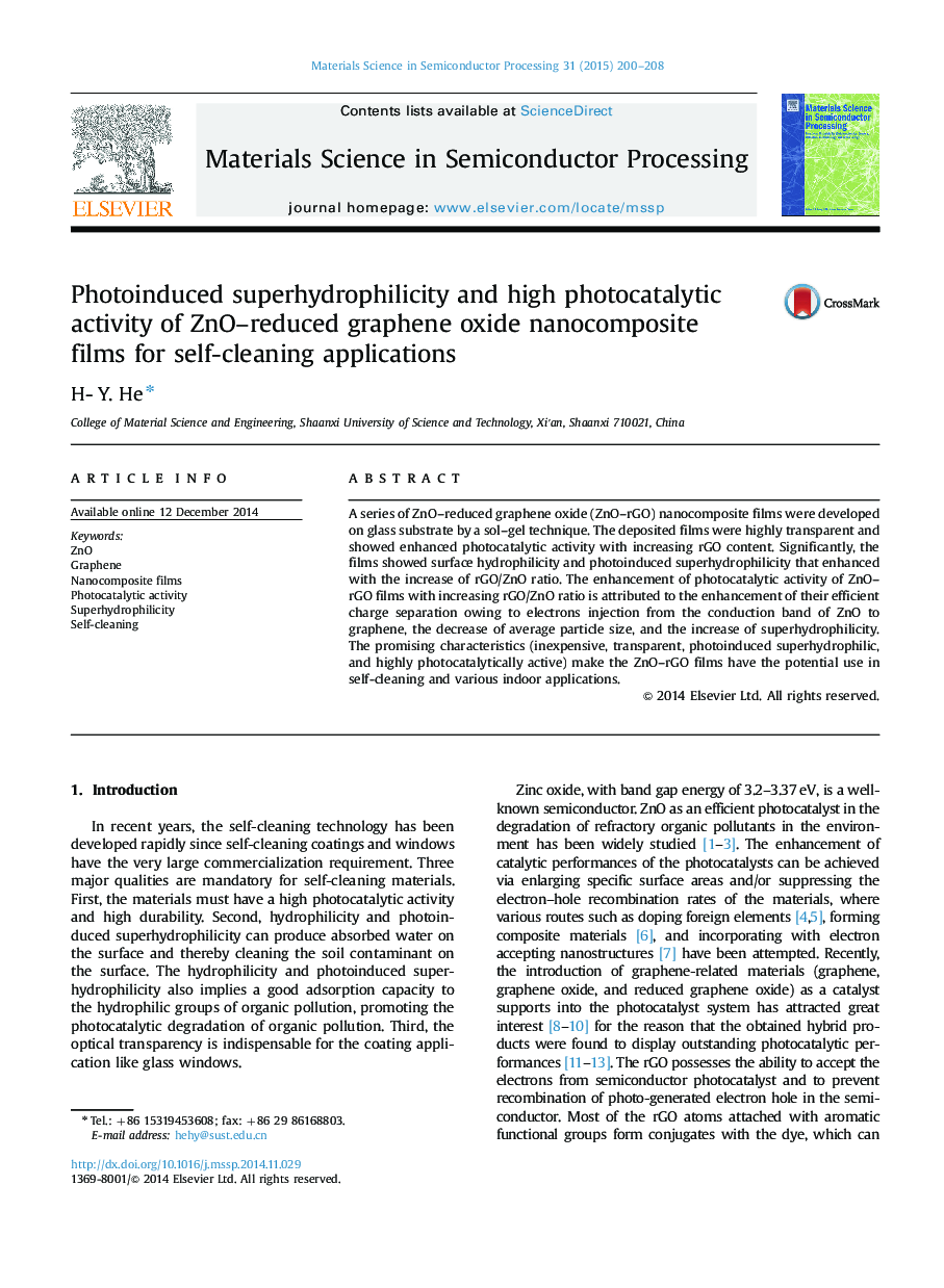 Photoinduced superhydrophilicity and high photocatalytic activity of ZnO–reduced graphene oxide nanocomposite films for self-cleaning applications