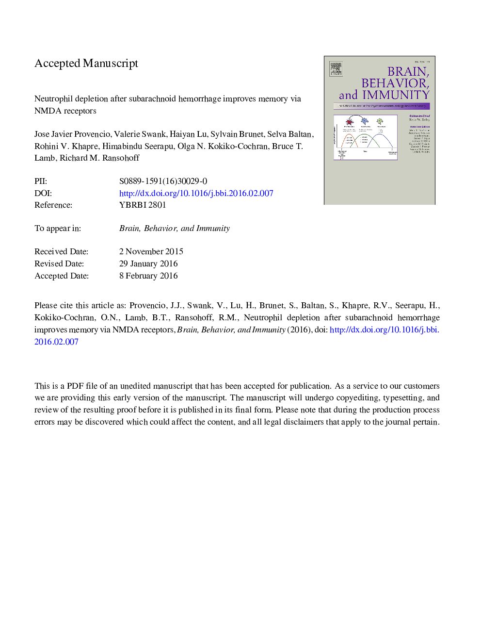 Neutrophil depletion after subarachnoid hemorrhage improves memory via NMDA receptors