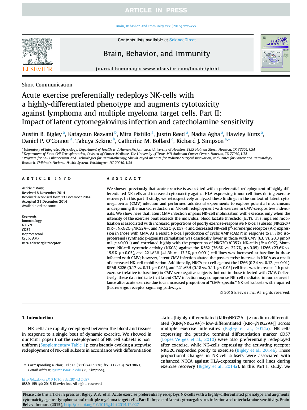 Acute exercise preferentially redeploys NK-cells with a highly-differentiated phenotype and augments cytotoxicity against lymphoma and multiple myeloma target cells. Part II: Impact of latent cytomegalovirus infection and catecholamine sensitivity