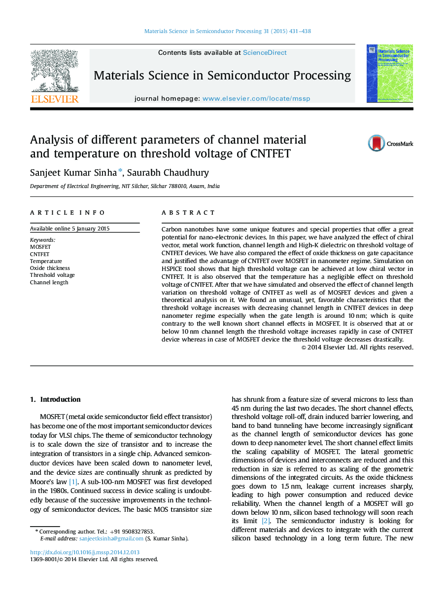 Analysis of different parameters of channel material and temperature on threshold voltage of CNTFET