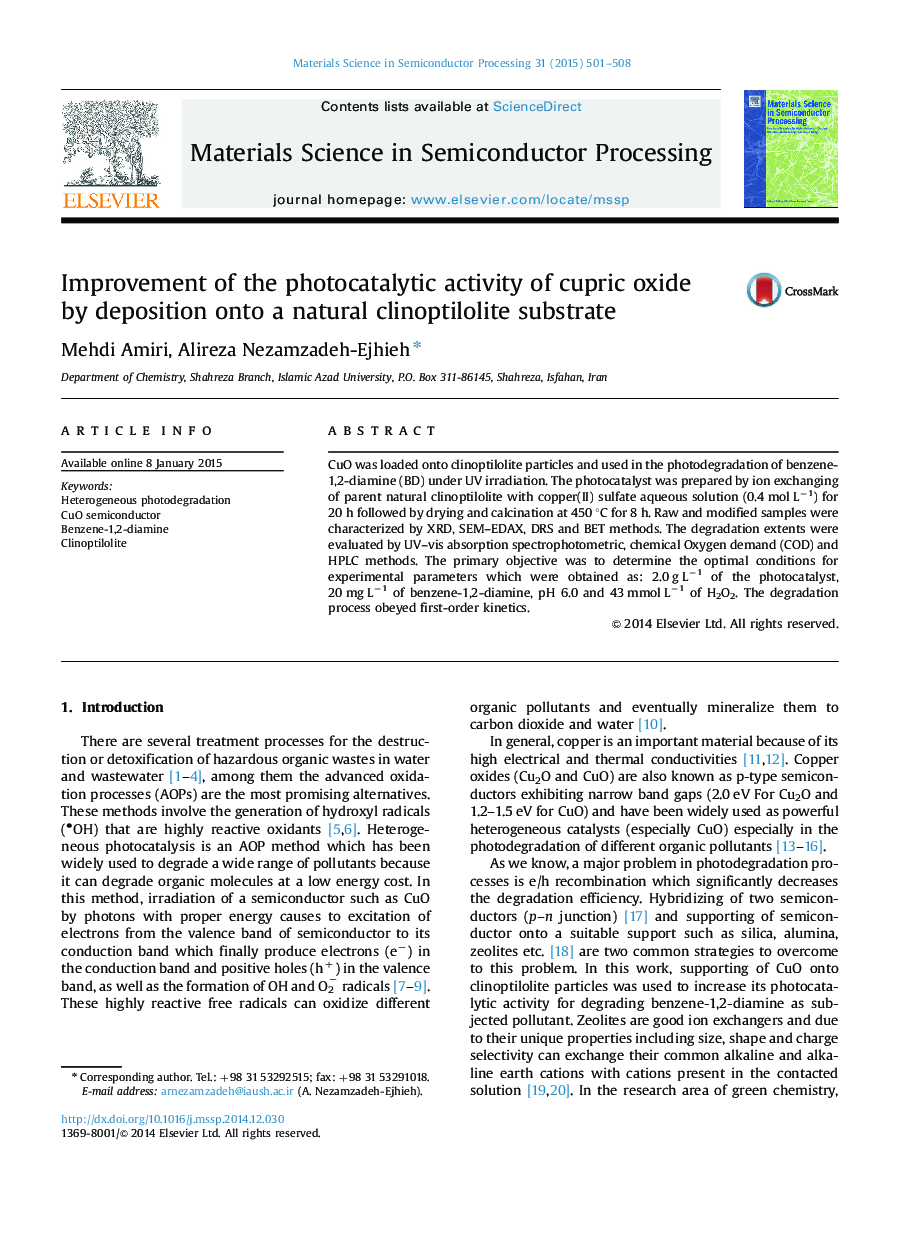 Improvement of the photocatalytic activity of cupric oxide by deposition onto a natural clinoptilolite substrate