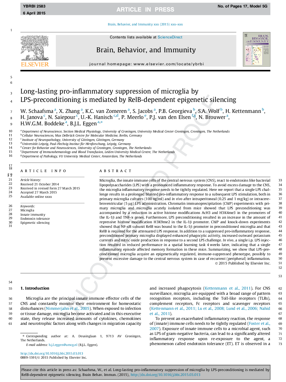 Long-lasting pro-inflammatory suppression of microglia by LPS-preconditioning is mediated by RelB-dependent epigenetic silencing