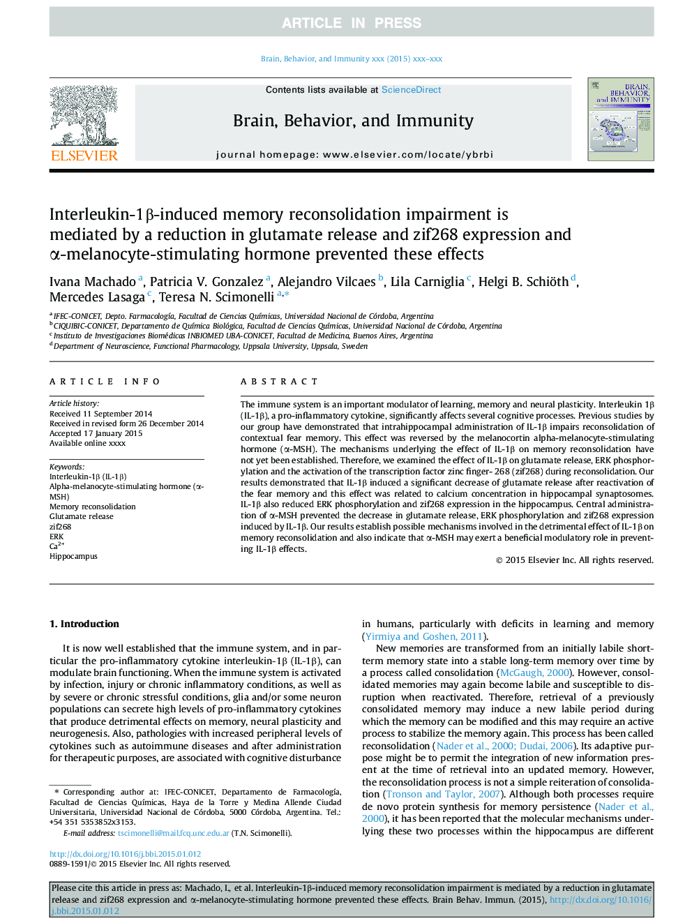 Interleukin-1Î²-induced memory reconsolidation impairment is mediated by a reduction in glutamate release and zif268 expression and Î±-melanocyte-stimulating hormone prevented these effects