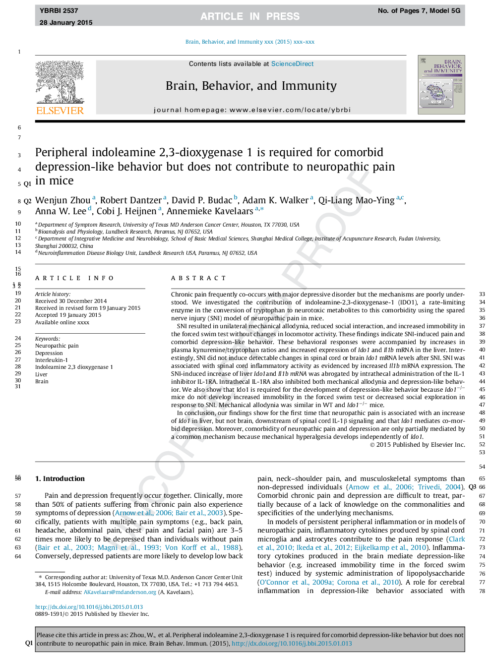 Peripheral indoleamine 2,3-dioxygenase 1 is required for comorbid depression-like behavior but does not contribute to neuropathic pain in mice