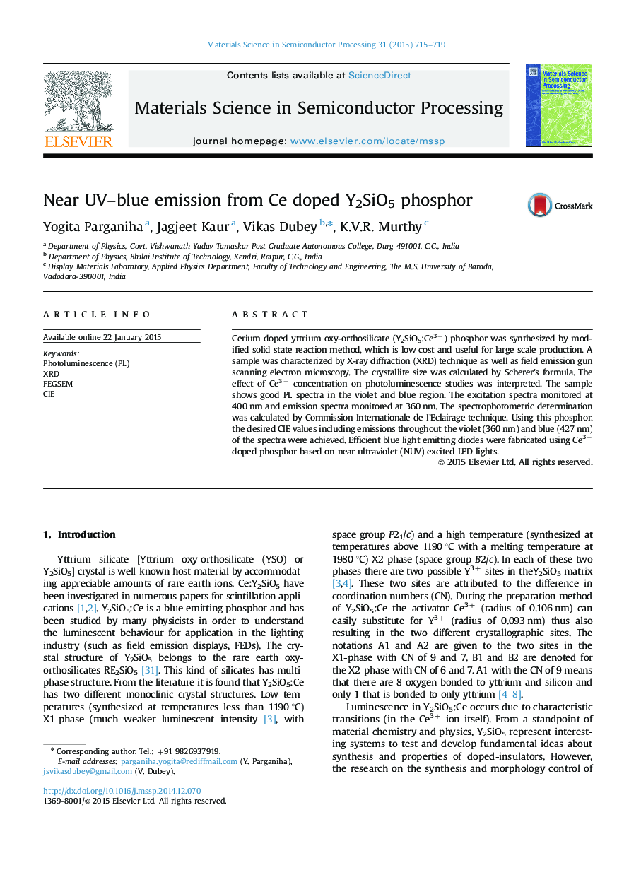 Near UV–blue emission from Ce doped Y2SiO5 phosphor