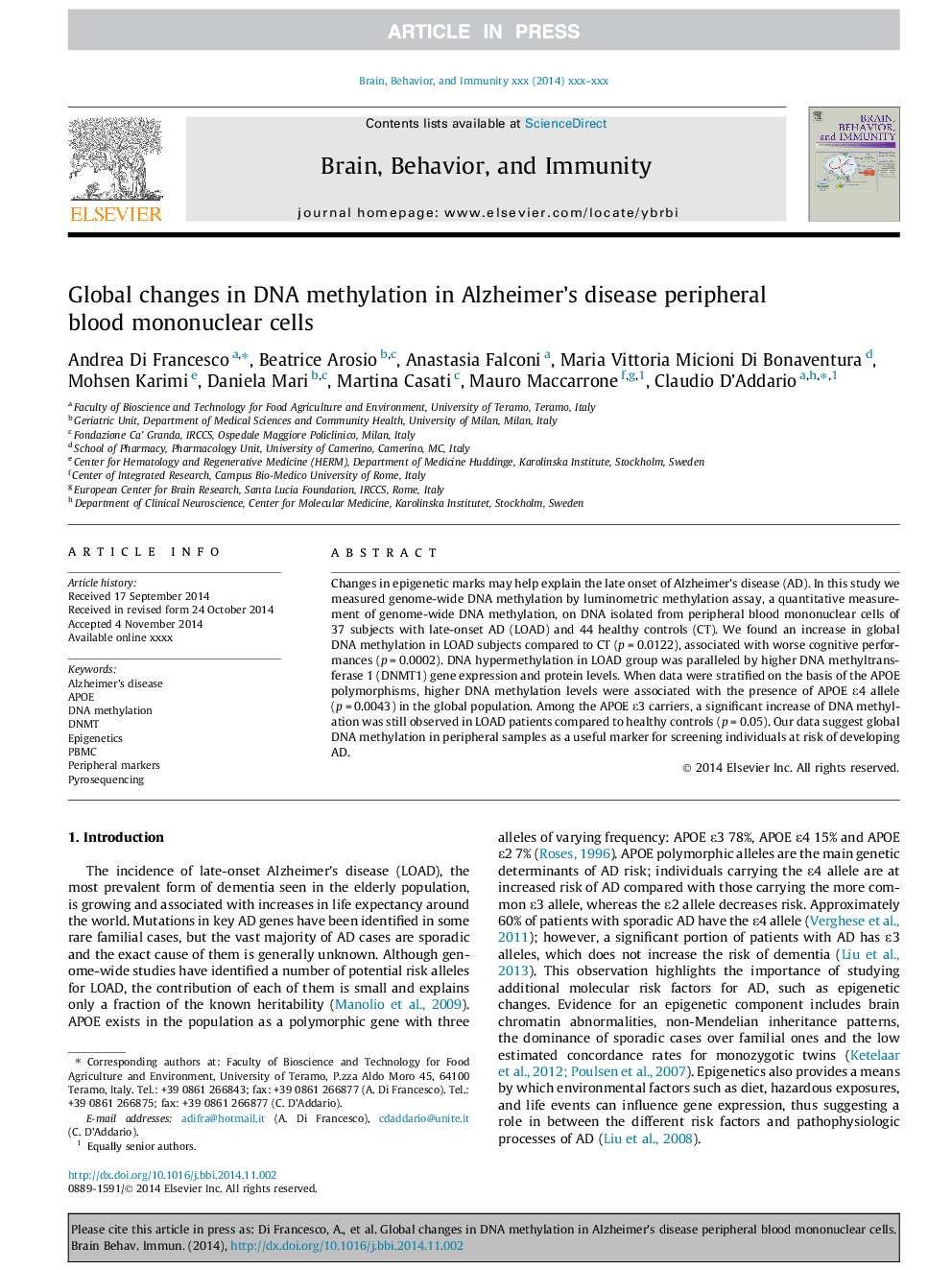 Global changes in DNA methylation in Alzheimer's disease peripheral blood mononuclear cells