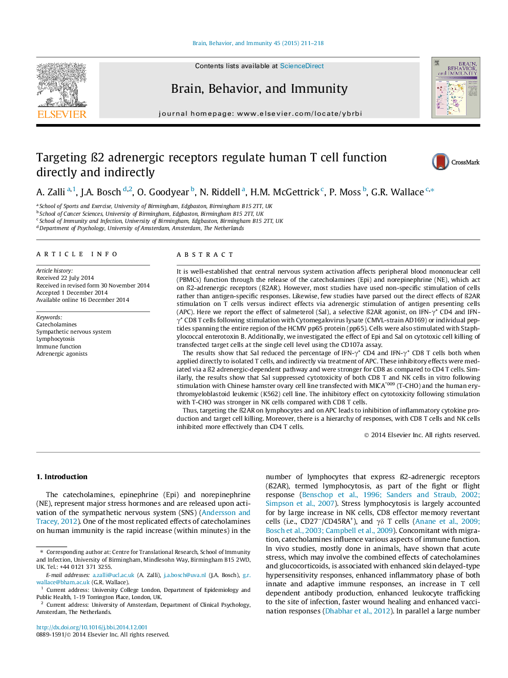 Targeting Ã2 adrenergic receptors regulate human T cell function directly and indirectly