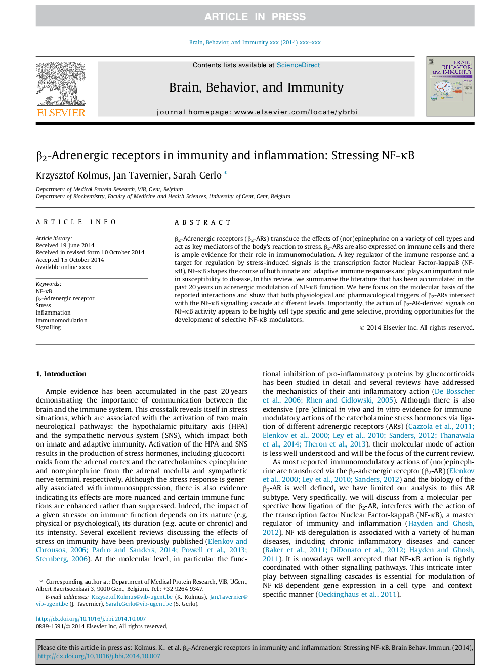 Î²2-Adrenergic receptors in immunity and inflammation: Stressing NF-ÎºB