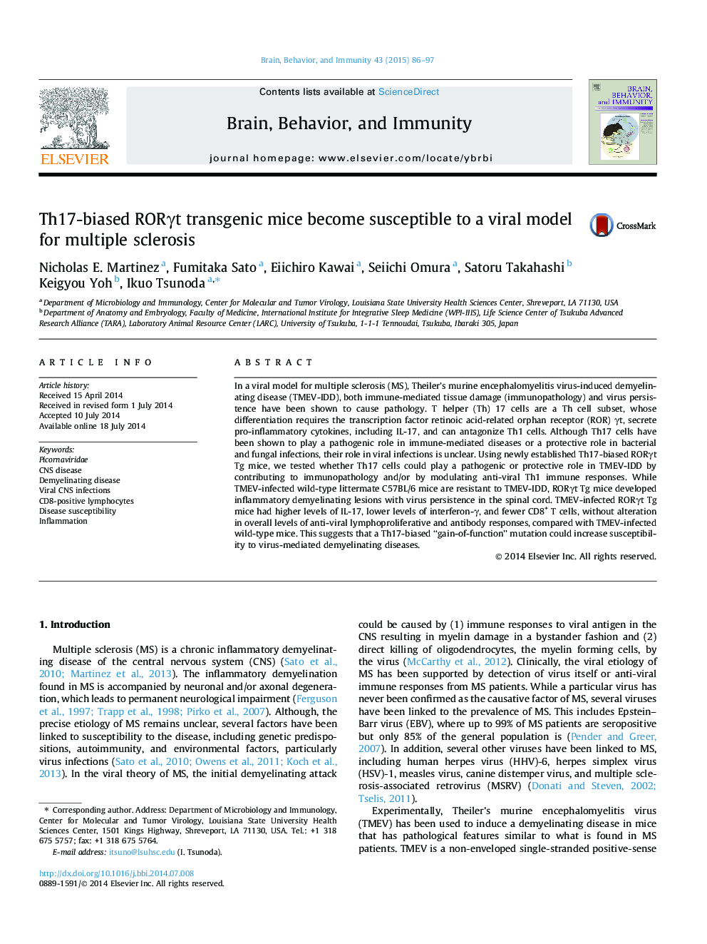 Th17-biased RORÎ³t transgenic mice become susceptible to a viral model for multiple sclerosis