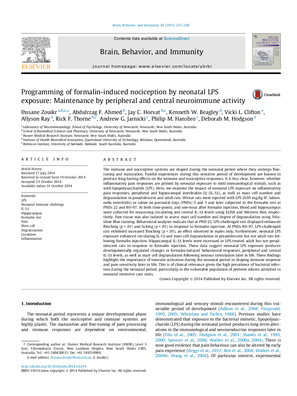 Programming of formalin-induced nociception by neonatal LPS exposure: Maintenance by peripheral and central neuroimmune activity