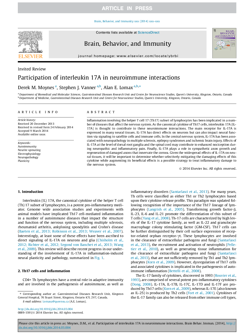 Participation of interleukin 17A in neuroimmune interactions