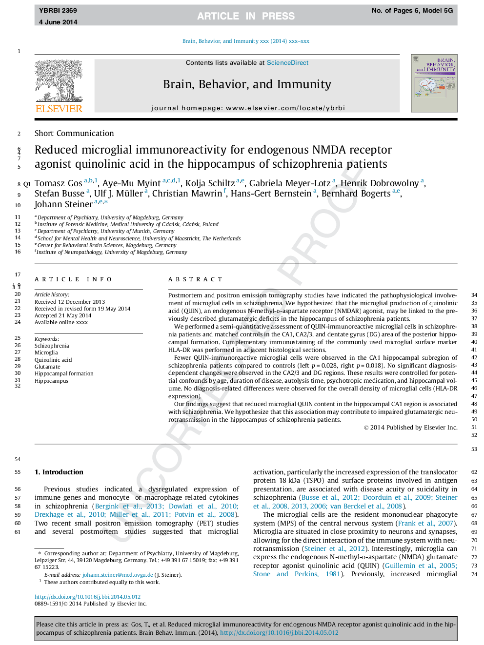 Reduced microglial immunoreactivity for endogenous NMDA receptor agonist quinolinic acid in the hippocampus of schizophrenia patients