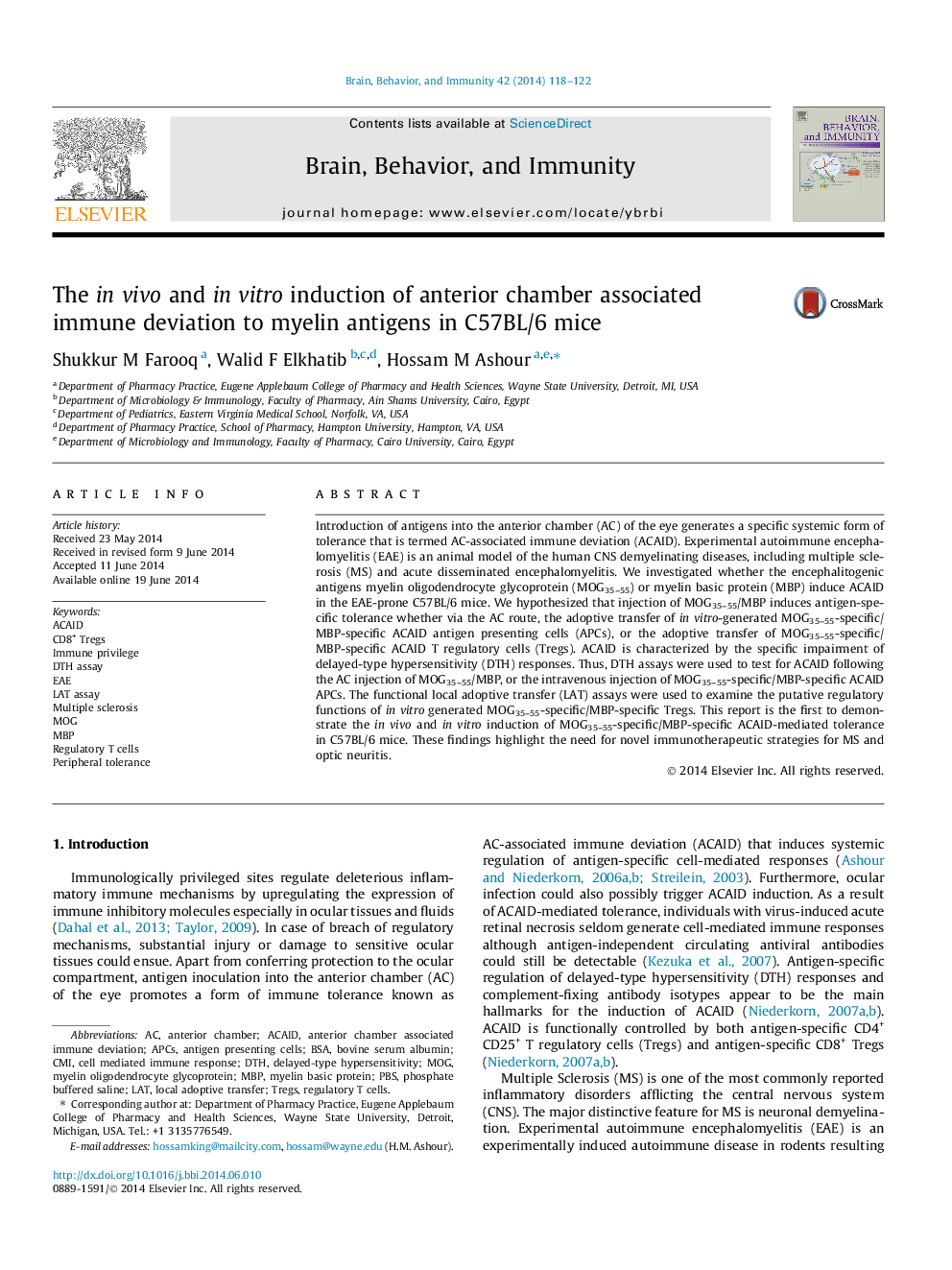 The in vivo and in vitro induction of anterior chamber associated immune deviation to myelin antigens in C57BL/6 mice