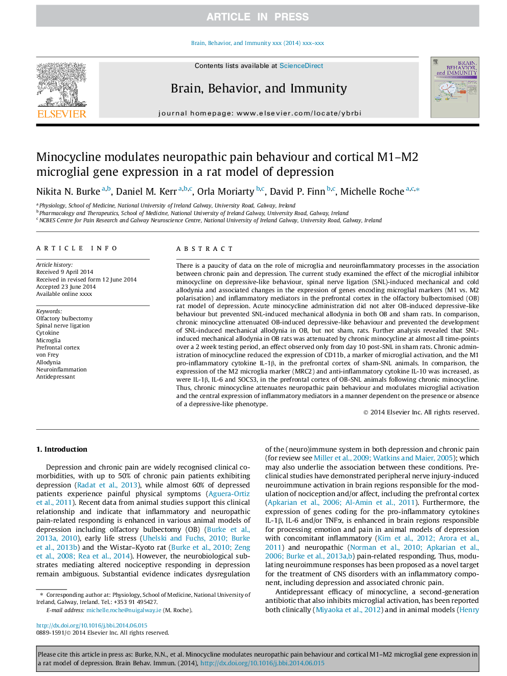 Minocycline modulates neuropathic pain behaviour and cortical M1-M2 microglial gene expression in a rat model of depression