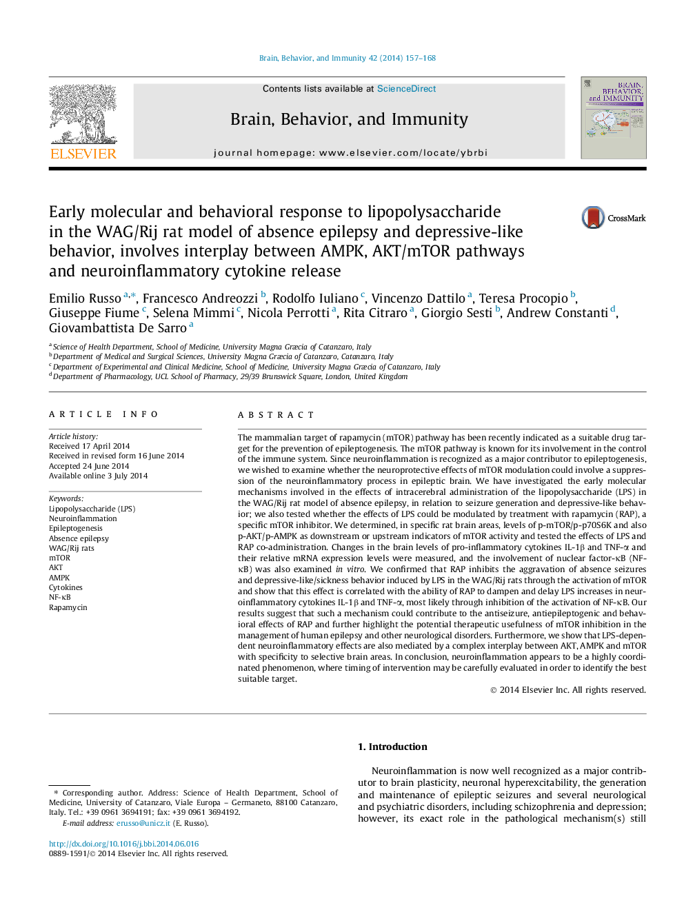 Early molecular and behavioral response to lipopolysaccharide in the WAG/Rij rat model of absence epilepsy and depressive-like behavior, involves interplay between AMPK, AKT/mTOR pathways and neuroinflammatory cytokine release