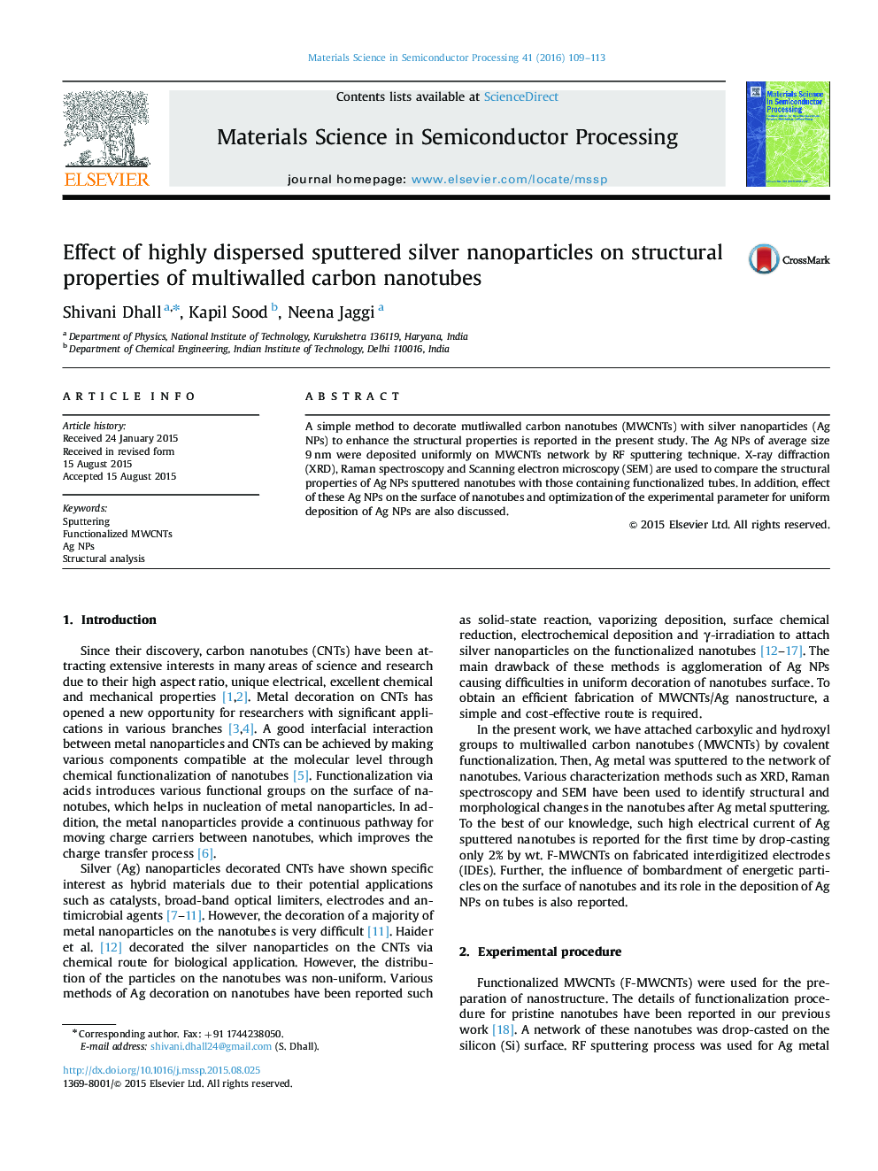 Effect of highly dispersed sputtered silver nanoparticles on structural properties of multiwalled carbon nanotubes