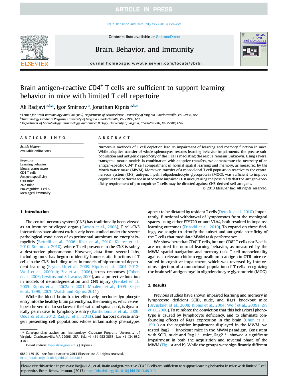 Brain antigen-reactive CD4+ T cells are sufficient to support learning behavior in mice with limited T cell repertoire