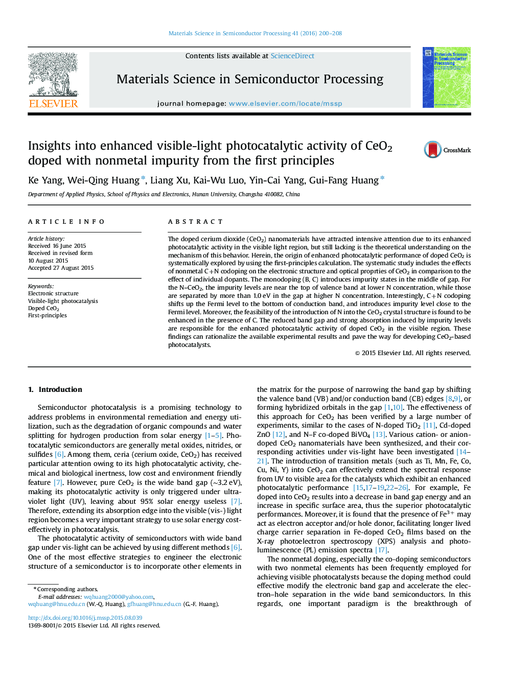 Insights into enhanced visible-light photocatalytic activity of CeO2 doped with nonmetal impurity from the first principles