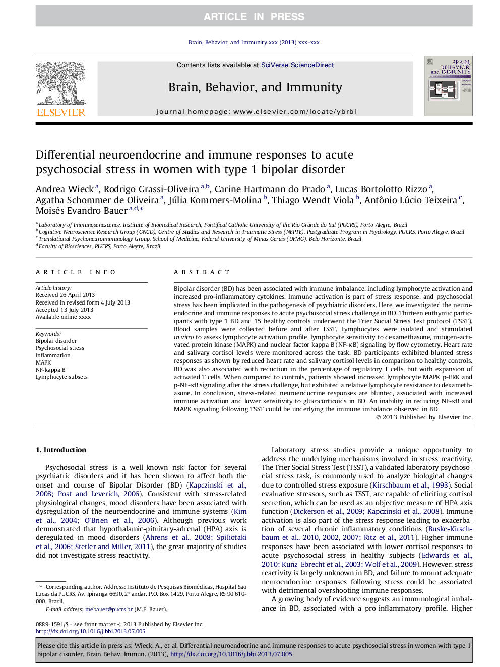 Differential neuroendocrine and immune responses to acute psychosocial stress in women with type 1 bipolar disorder