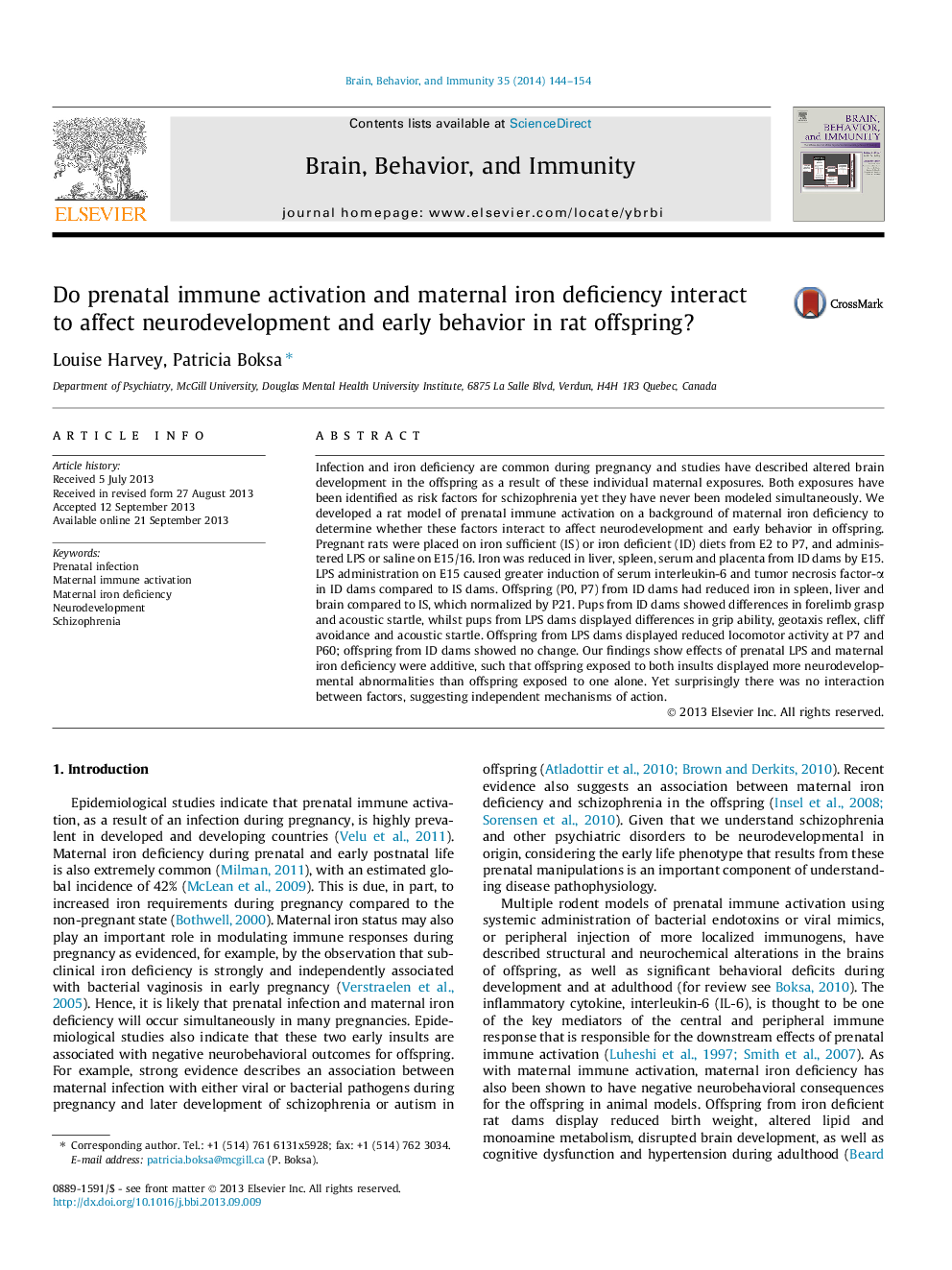 Do prenatal immune activation and maternal iron deficiency interact to affect neurodevelopment and early behavior in rat offspring?