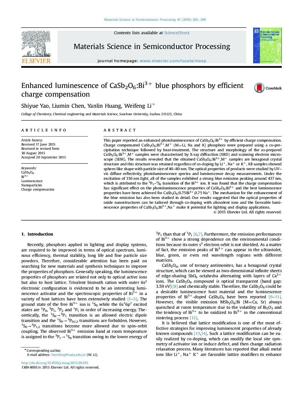 Enhanced luminescence of CaSb2O6:Bi3+ blue phosphors by efficient charge compensation