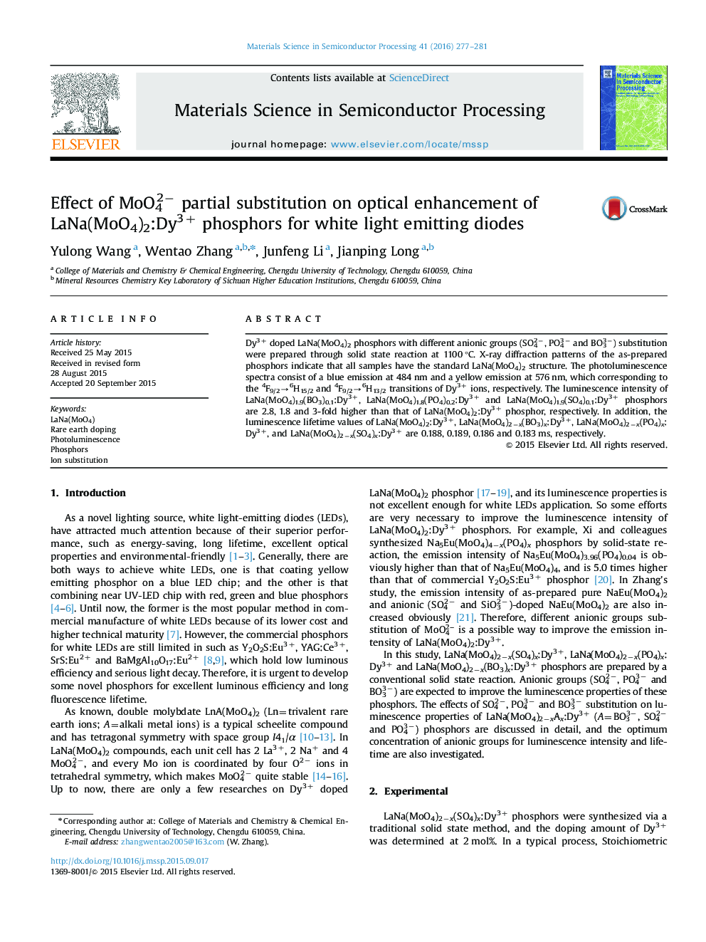 Effect of MoO42− partial substitution on optical enhancement of LaNa(MoO4)2:Dy3+ phosphors for white light emitting diodes