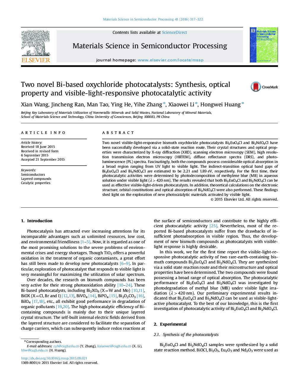 Two novel Bi-based oxychloride photocatalysts: Synthesis, optical property and visible-light-responsive photocatalytic activity