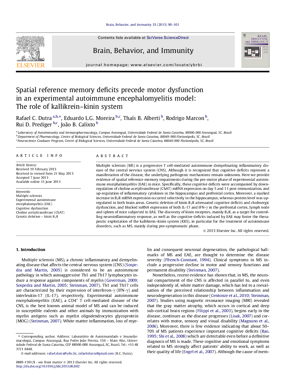 Spatial reference memory deficits precede motor dysfunction in an experimental autoimmune encephalomyelitis model: The role of kallikrein-kinin system