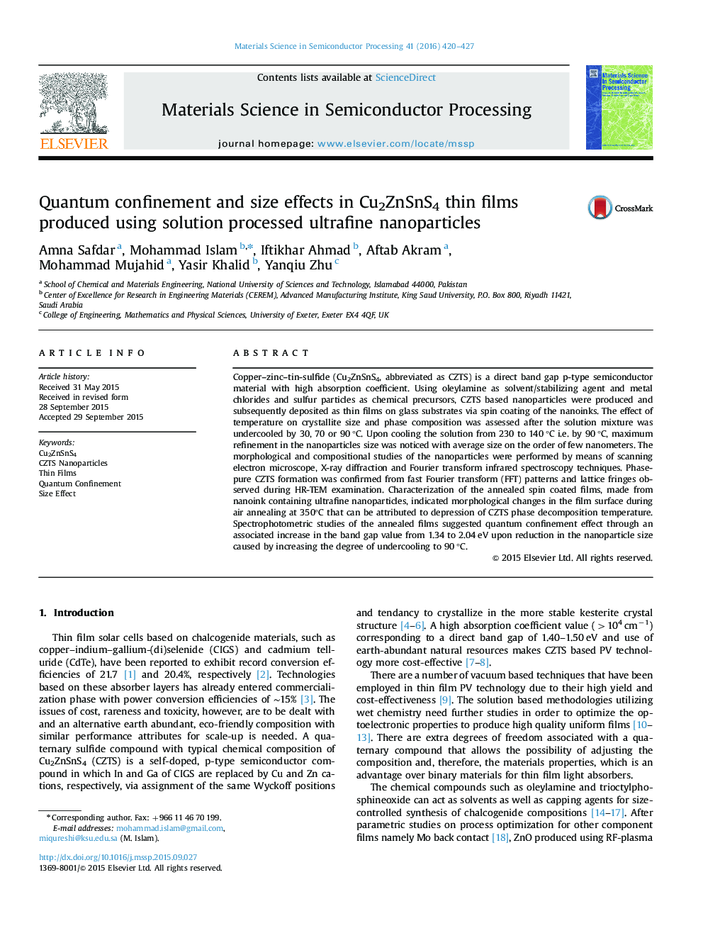 Quantum confinement and size effects in Cu2ZnSnS4 thin films produced using solution processed ultrafine nanoparticles