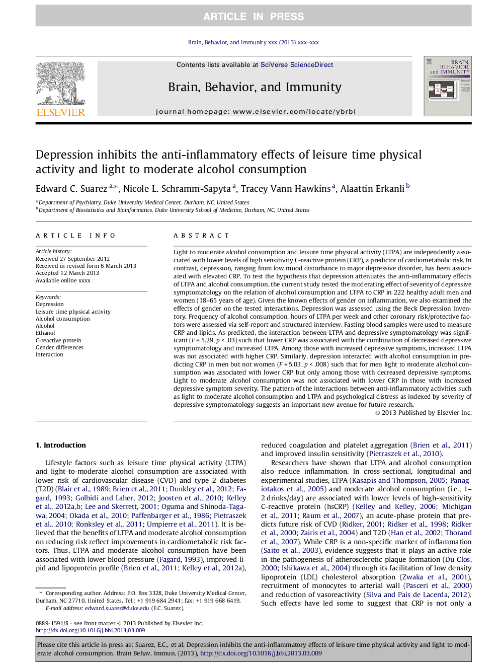 Depression inhibits the anti-inflammatory effects of leisure time physical activity and light to moderate alcohol consumption